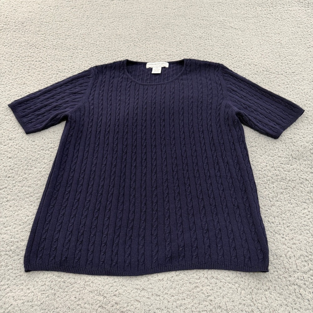 Sutton Studio Sweater Womens M Navy Blue Silk Cashmere Cable Knit Short Sleeve